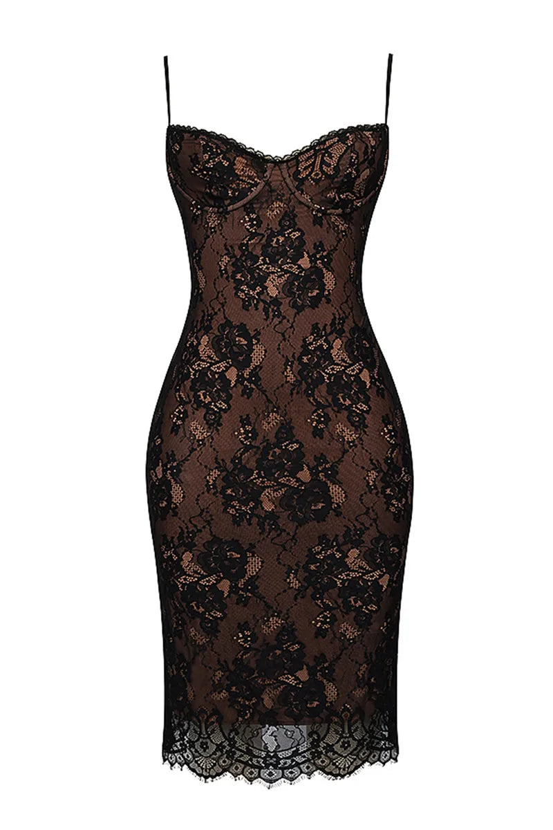 Lace Print Spaghetti Strap Midi Dress