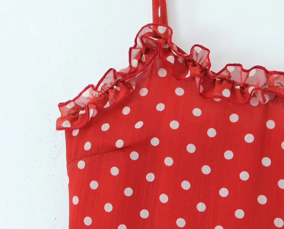 Red Polka Dot Ruffle A-Line Midi Dress