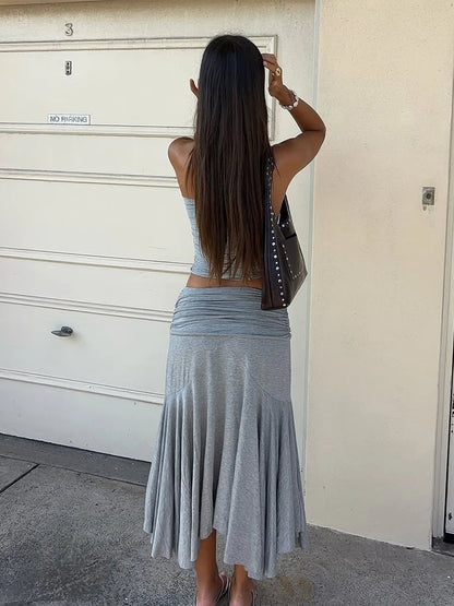 Gray Backless Top and Midi Skirt Set