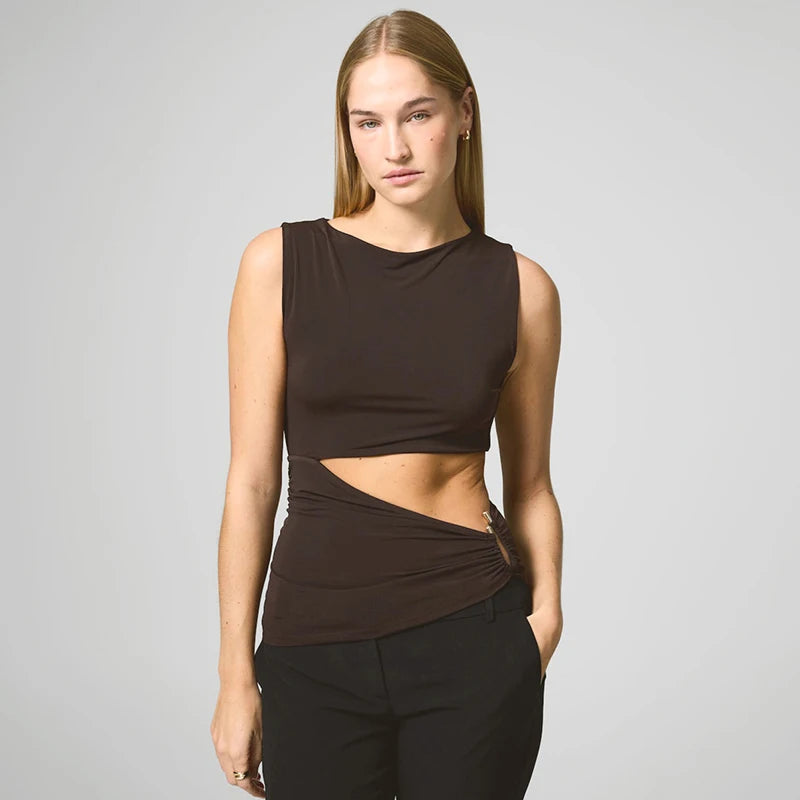 Brown Hollow Out Sleeveless Round Neck Top