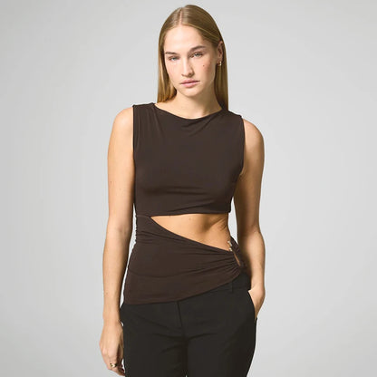 Brown Hollow Out Sleeveless Round Neck Top