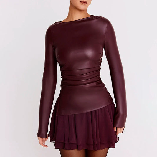 Round Neck Slim Leather Top Pleat Long Sleeve Leather Top