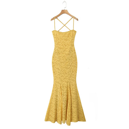 Square Neck Backless Suspender Dress with Fish Tail
