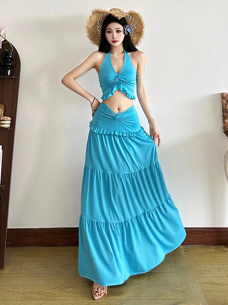 Two Piece Set Halter Backless Crop Camisole Waist Ruffles Long Skirt Ruched Street Suits