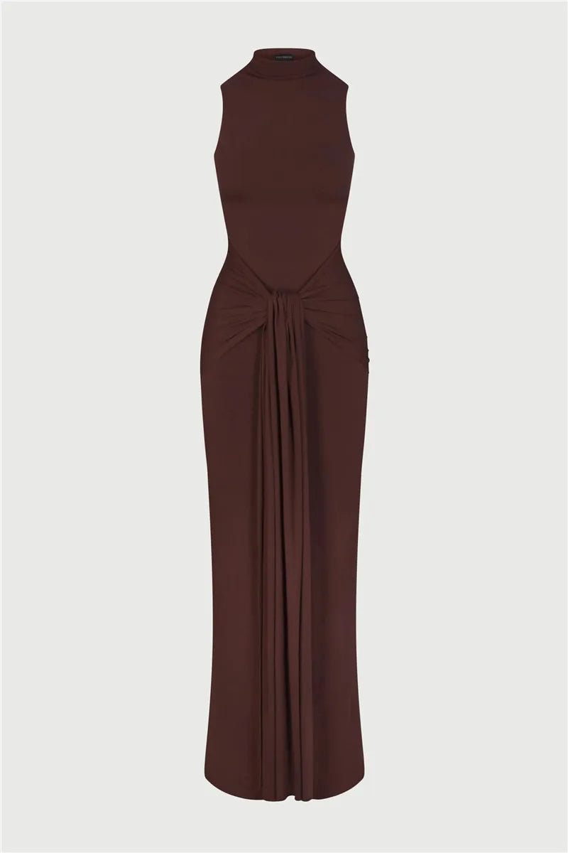 Half High Collar Irregular Tank Dress Sleeveless Bodycon Ruched Long Dress