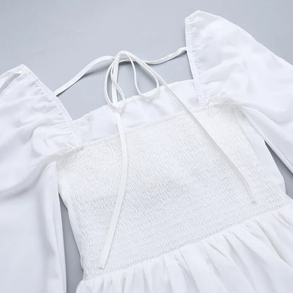 Square Collar Hollow Out Mini Dress - White Long Sleeve