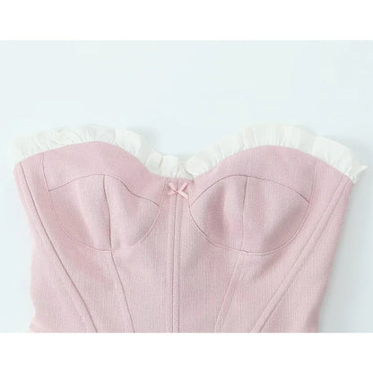 Sweet Patchwork Fish Bone Strapless Crop Top
