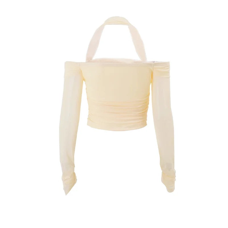 Apricot Ruched Halter Long Sleeve Shirt