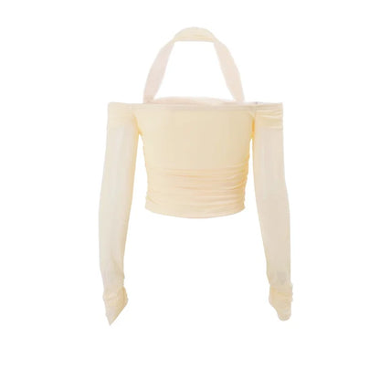Apricot Ruched Halter Long Sleeve Shirt