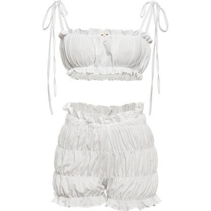 Chic Two Piece Ruched Ruffles Camisole and Shorts Set