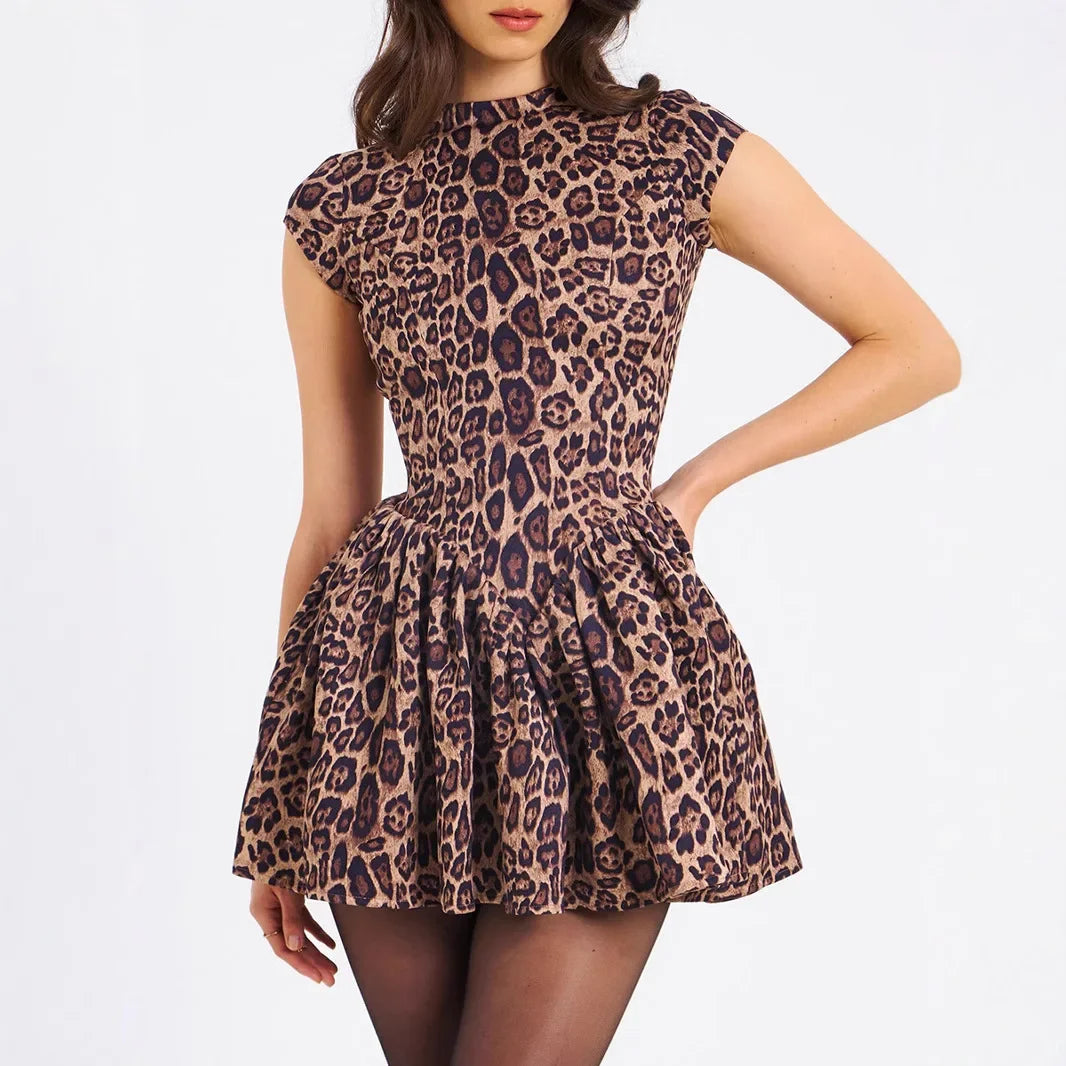 High-end Leopard Backless Dress Sweet and Spicy A-line Dresses