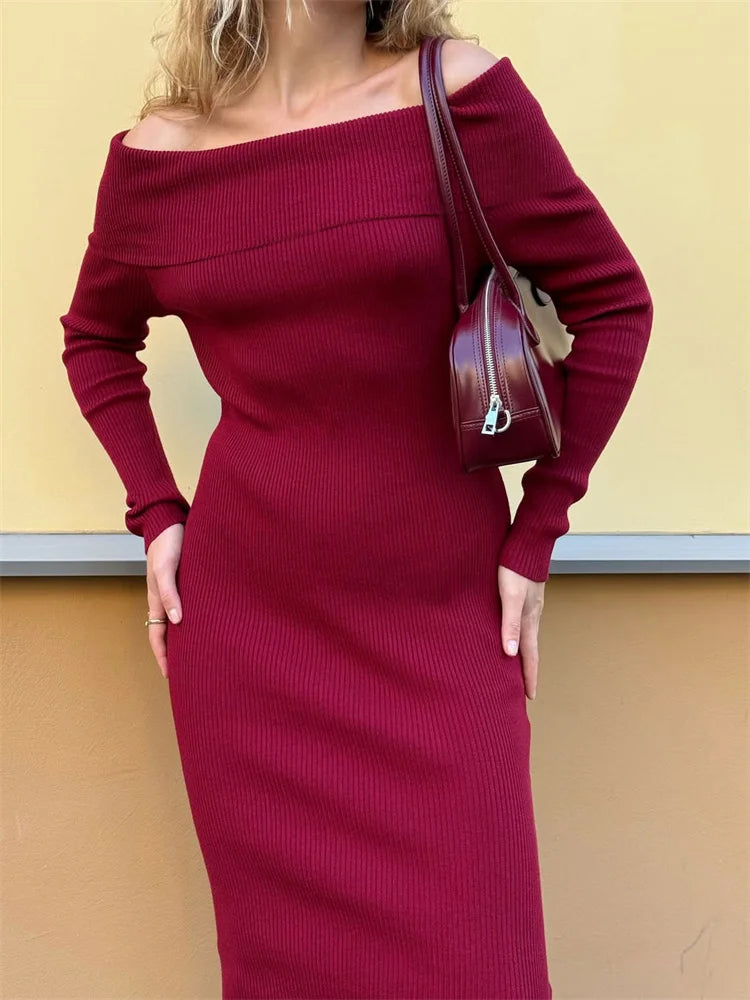 Knit Long Dress Off-Shoulder Ribbed Loose High Waist Dress Ladies Knit Maxi Dress