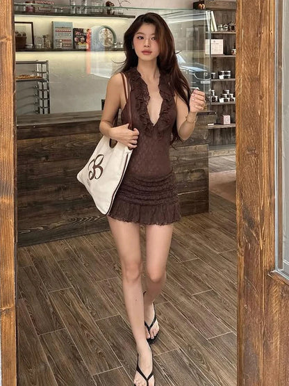 Lace Halter Mini Dress with 3D Flower Ornaments