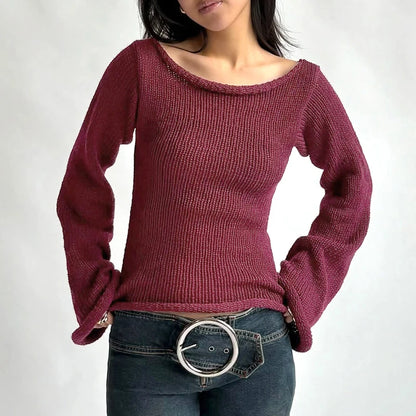 Knit Off Shoulder Slim Long Bell Sleeve Sweater