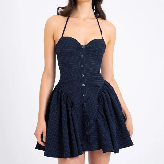 Pure Desire Striped Hanging Neck, Waist, and Bareback Dress for Niche High End Dress
