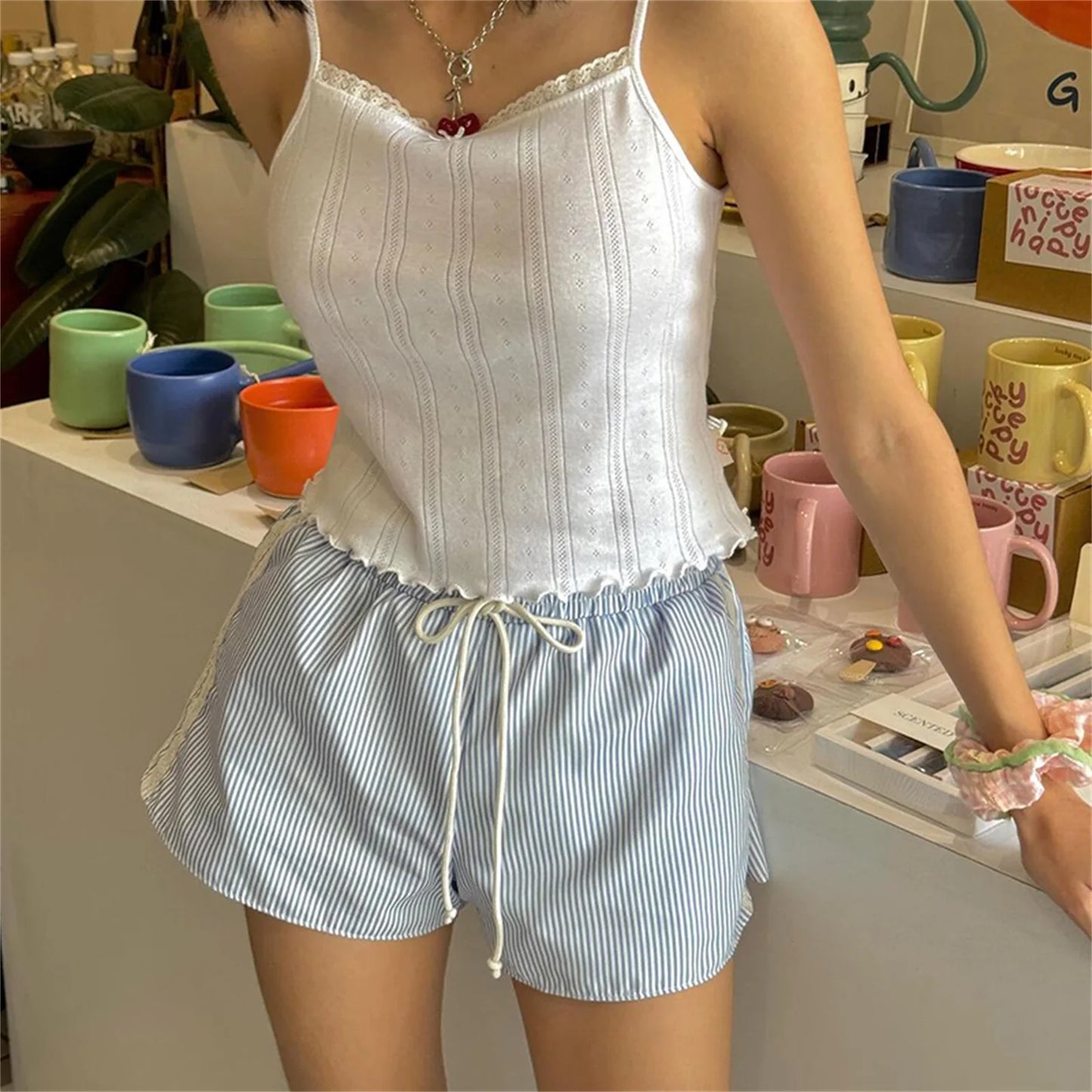Striped Lace Elastic Waist Shorts