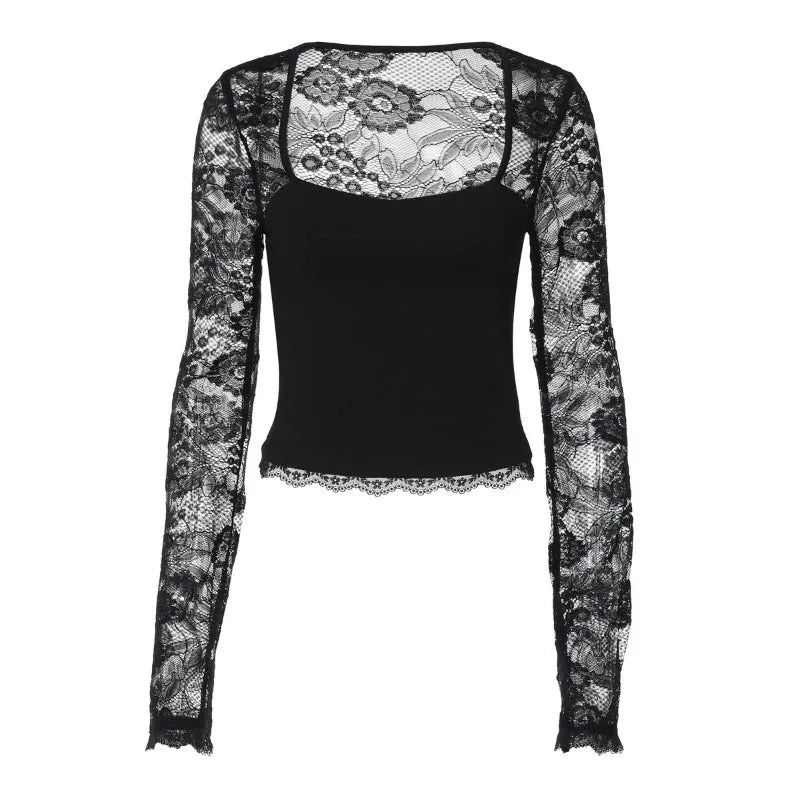 See Through Lace Square Neck Long Sleeve Top