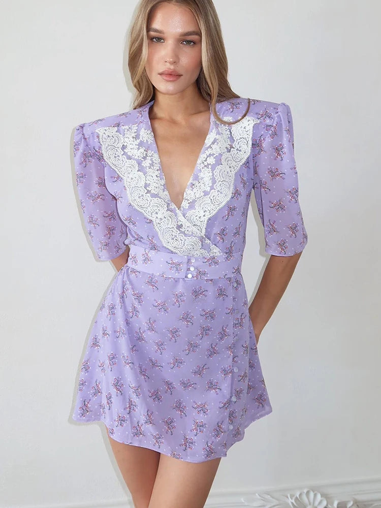Purple Floral Short Sleeve Lace Dress