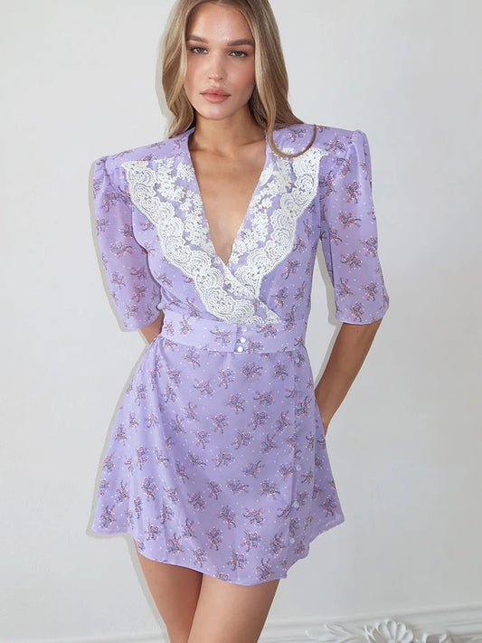Purple Floral Short Sleeve Lace Dress