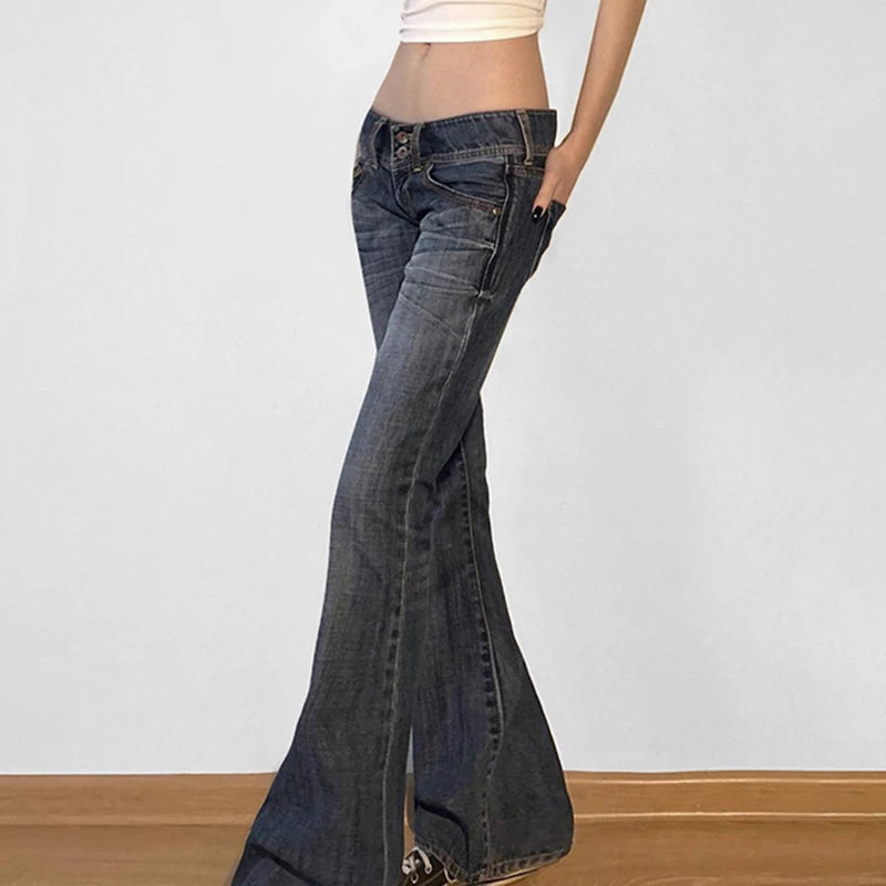 Low Waisted Washed Flared Jeans Button Pants Slim Pockets Bottoms
