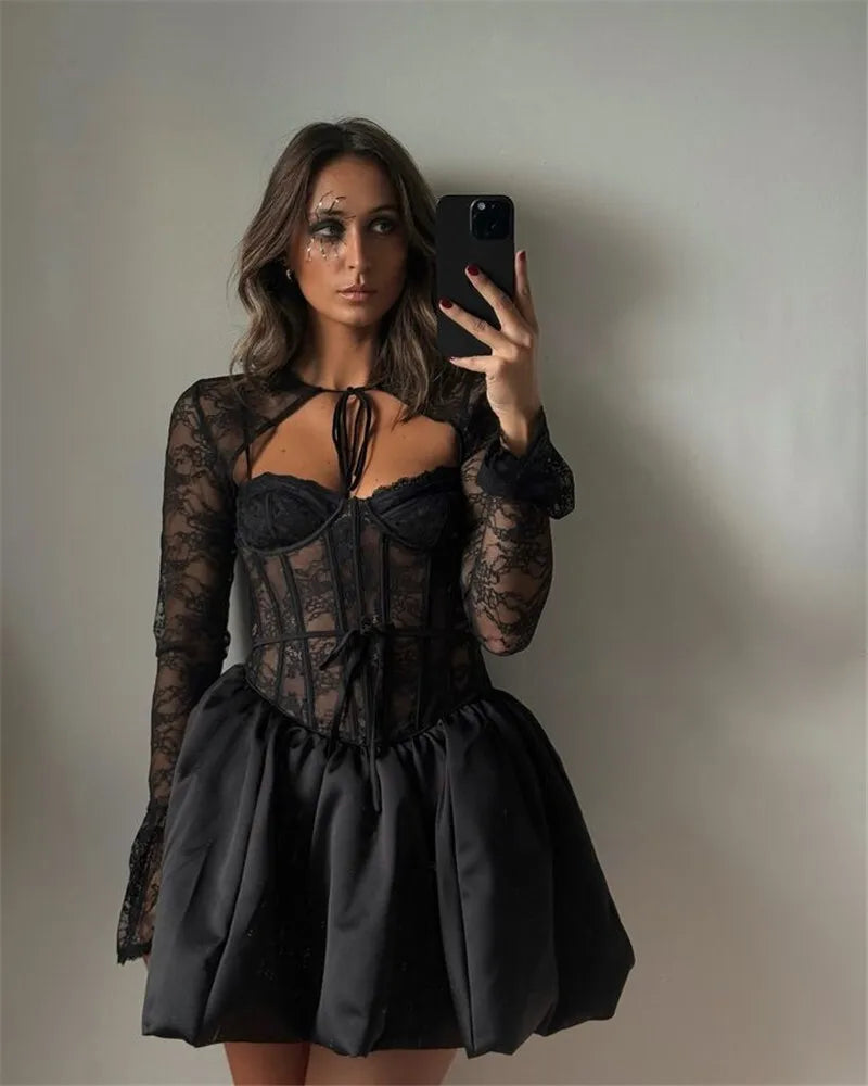 Black Lace Puffball Mini Dress Lace-up Sheer Long Flare Sleeve High Waist Dress