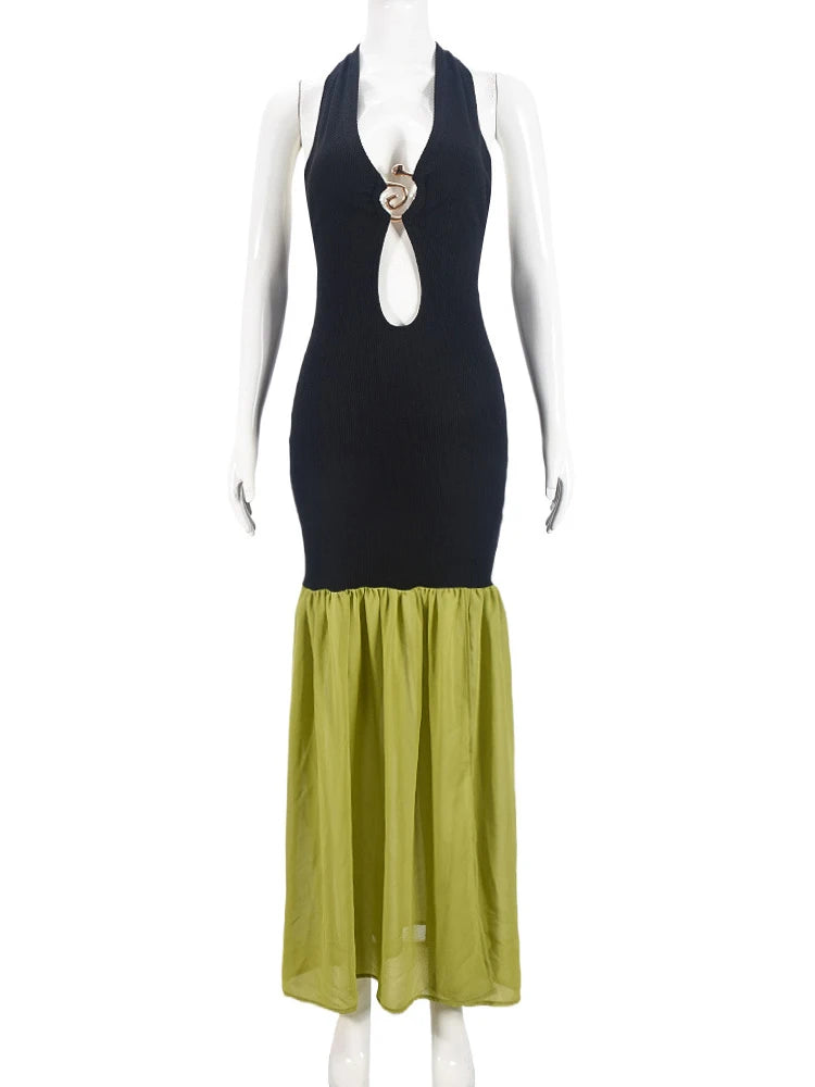 Patchwork V-neck Maxi Dress Black Backless High Waist Dress