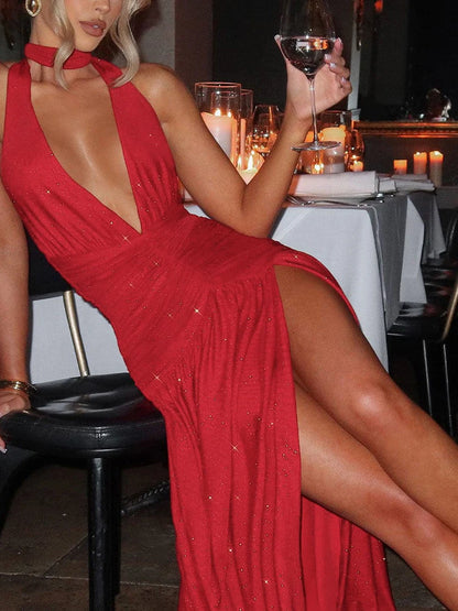 Halter Sequins Dress with High Pleat and Split Red