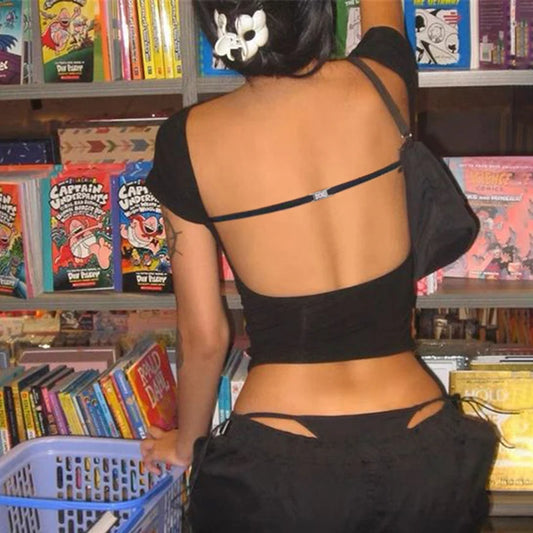 Backless Short Sleeves Crop Top Crewneck Black Slim Slim 's