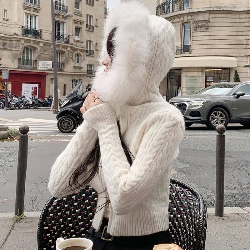 Zip Up Hoodie Coat with Fur Neck