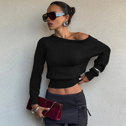 Inclined Shoulder Long Sleeve Slim Sweater