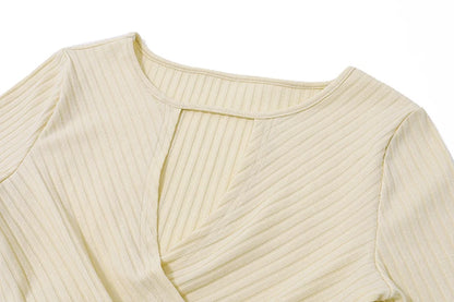 Hollow Out Knit Long Sleeve Round Collar Slim Crop Sweater