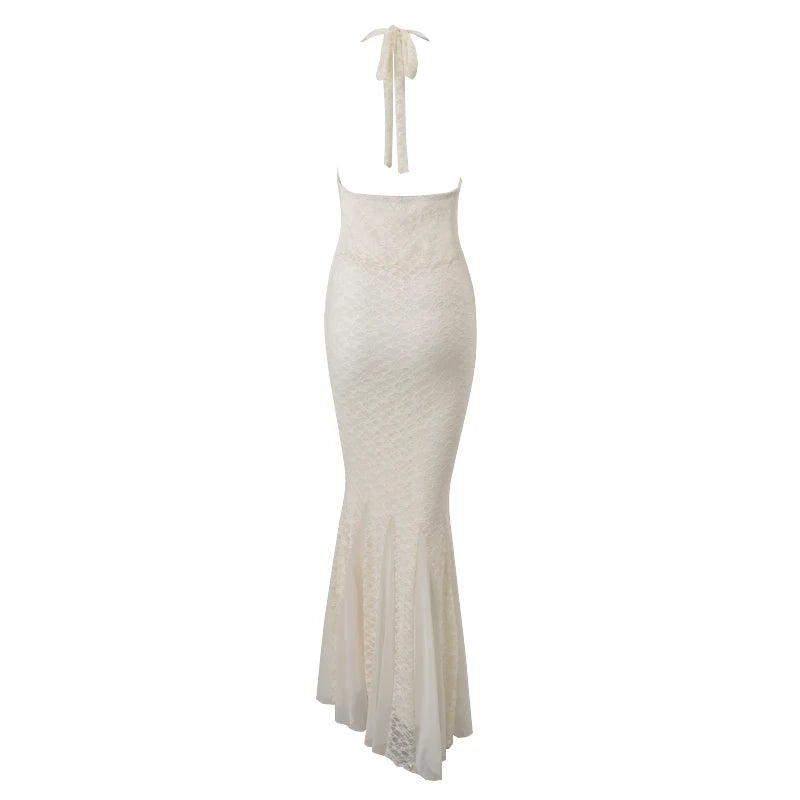 Apricot Lace V-Neck Backless Bodycon Maxi Dress