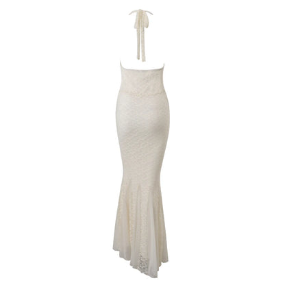 Apricot Lace V-Neck Backless Bodycon Maxi Dress