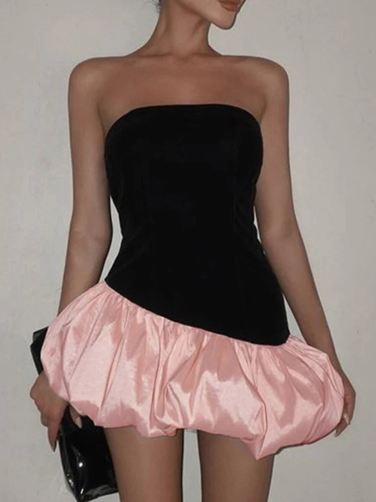 Puffy Dress Irregular Velvet Patchwork Strapless Banquet Bodycon