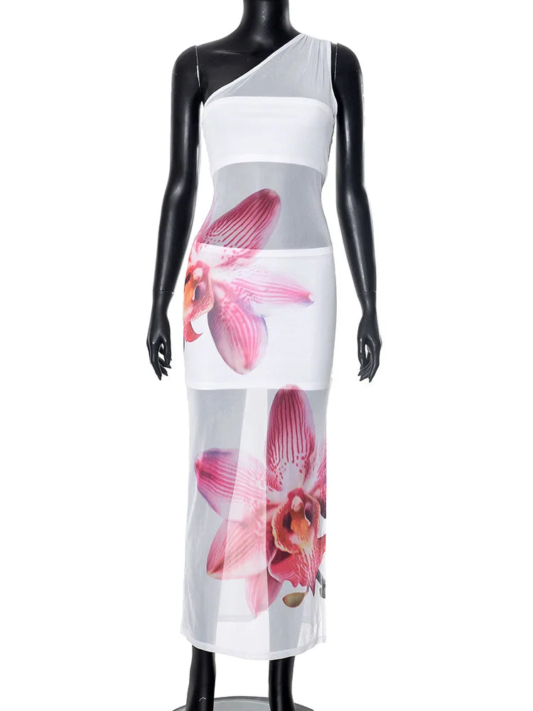 Slant Shoulder Strapless Dress Mesh Splice Sleeveless See Through Long Dress