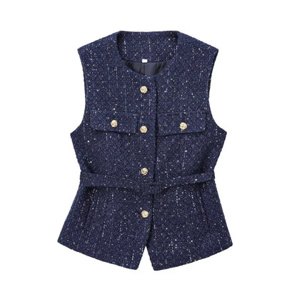 Sequin Twe Vest Coat with Belt - O Neck Sleeveless Jacket Navy Blue