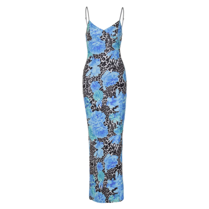 Elegant Blue V Neck Backless Bodycon Maxi Dress Blue