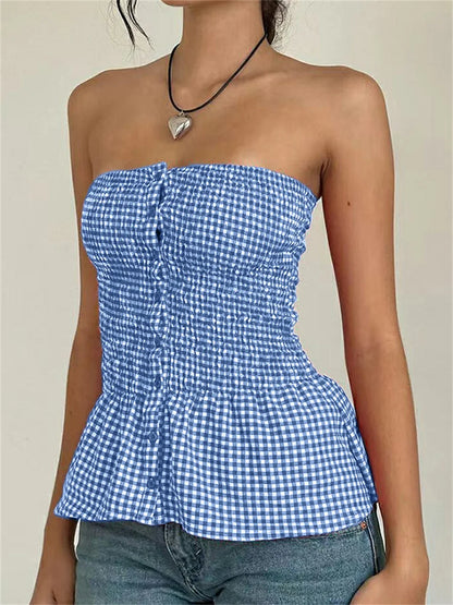 Red Gingham Strapless Crop Top Blue