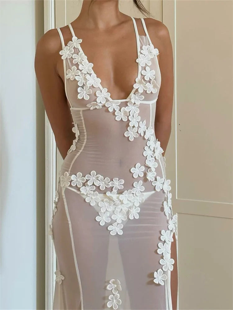 White Split Mesh See Through Maxi Dress