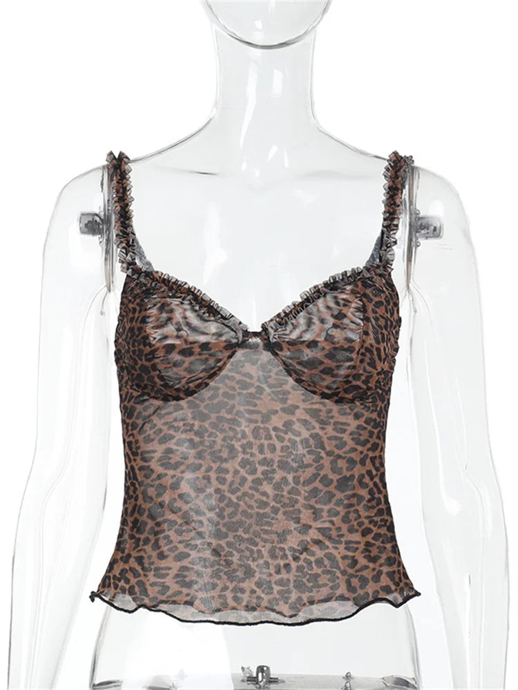 Leopard Print Camiole See Through Low- Ruffle Hem Top