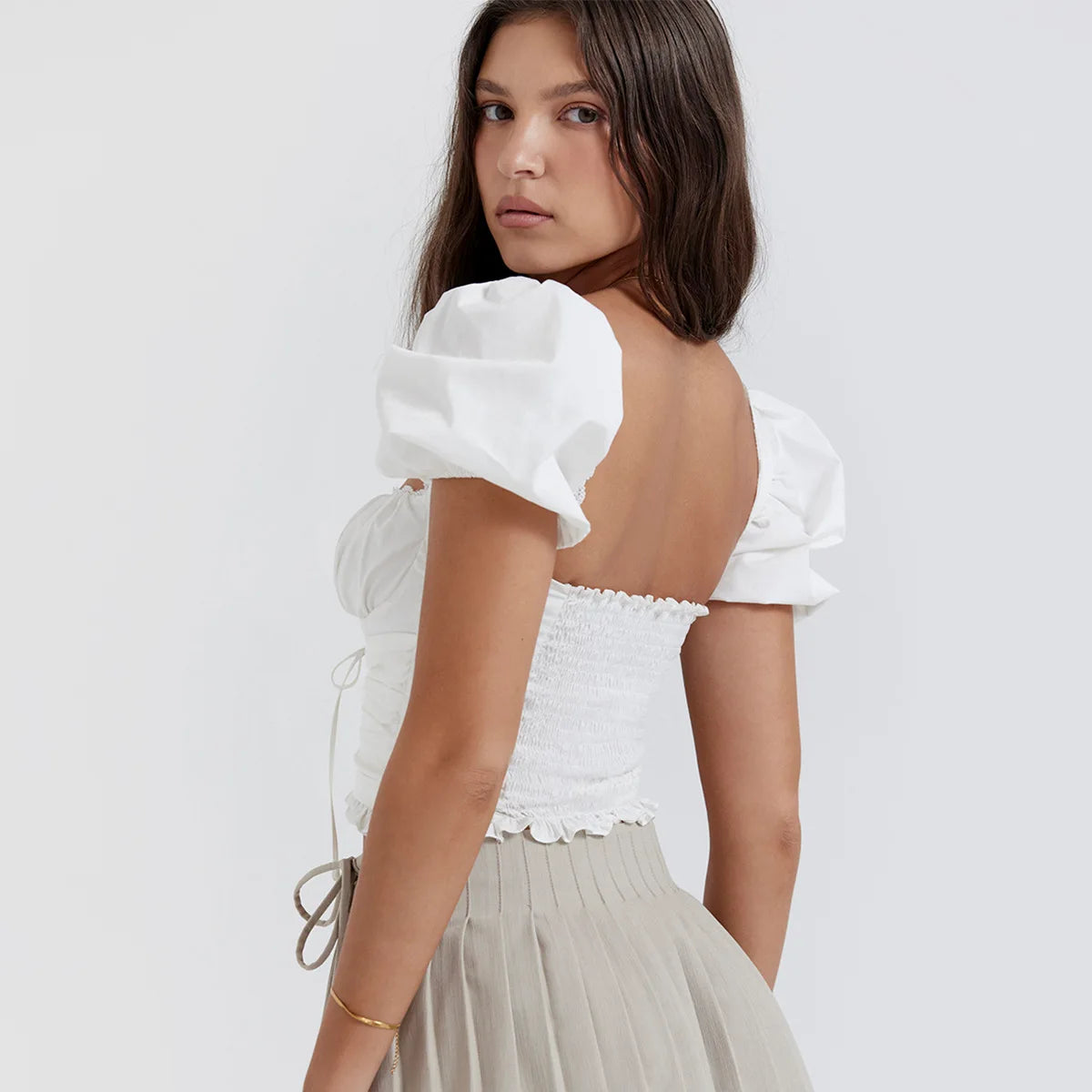 White Cotton Lace Up Top