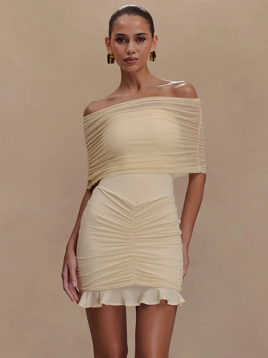 Mesh Strapless Off-shoulder Ruffled Mini Dress Backless High Waist Ruched Dress