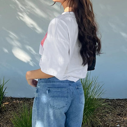 Print Loose T-Shirts - Crewneck Top with Half Sleeves