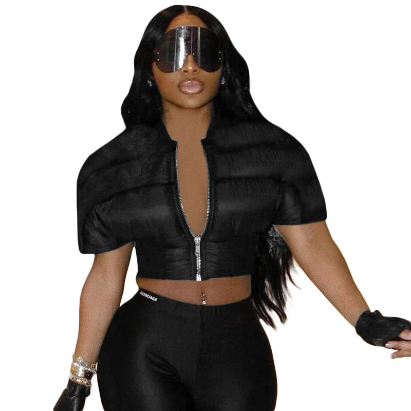 Short Sleeve Zipper Thick Cotton Coat Crop Top