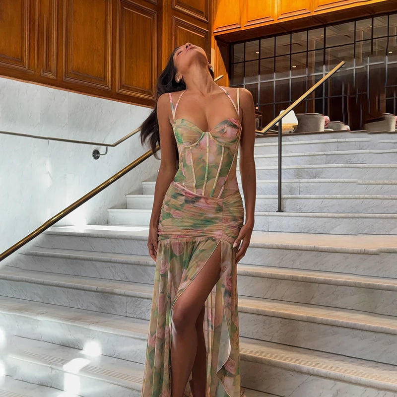 Green Floral Bodycon Split Maxi Dress