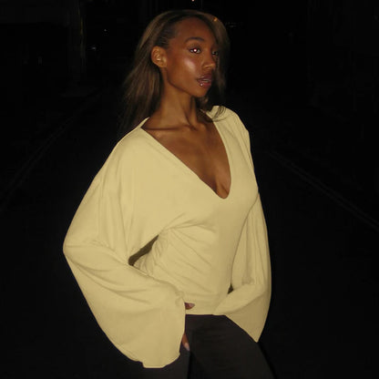 Yellow V-Neck Flared Loose Long Sleeve Slim Top
