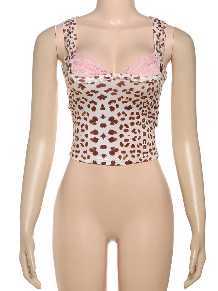 Patchwork Hipster Vests Cleavage Backless Crop Tanks All-match Leopard