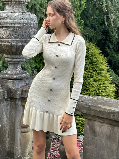 Knitted Turn-Down Collar Button Mini Dress
