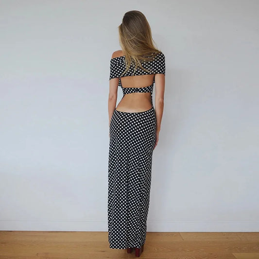 Black Polka Dot Backless Split Maxi Dress