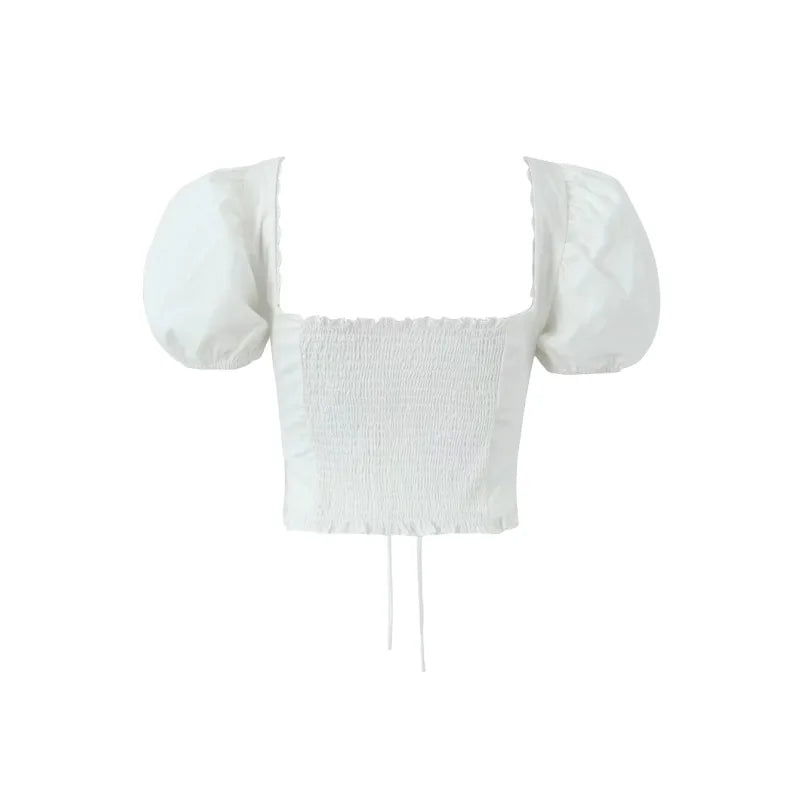White Cotton Lace Up Top